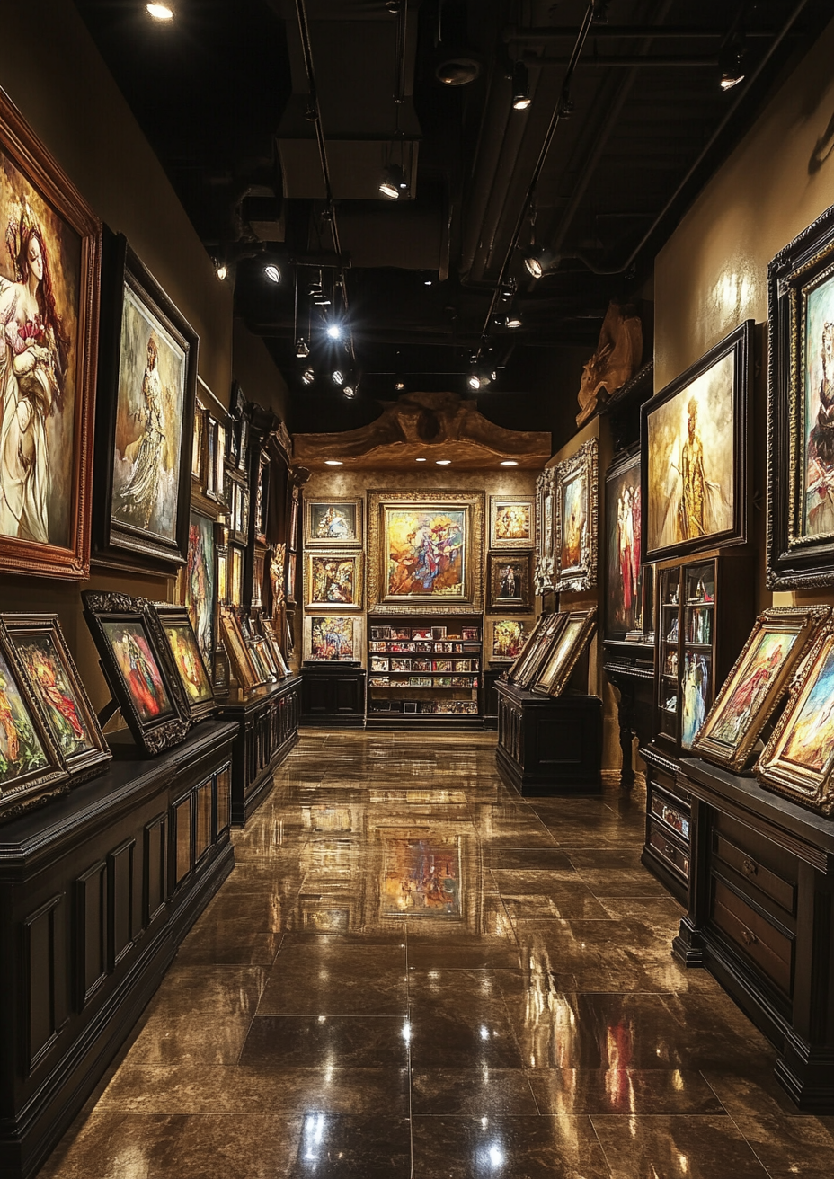 Exclusive art trading cards displayed in a gallery setting