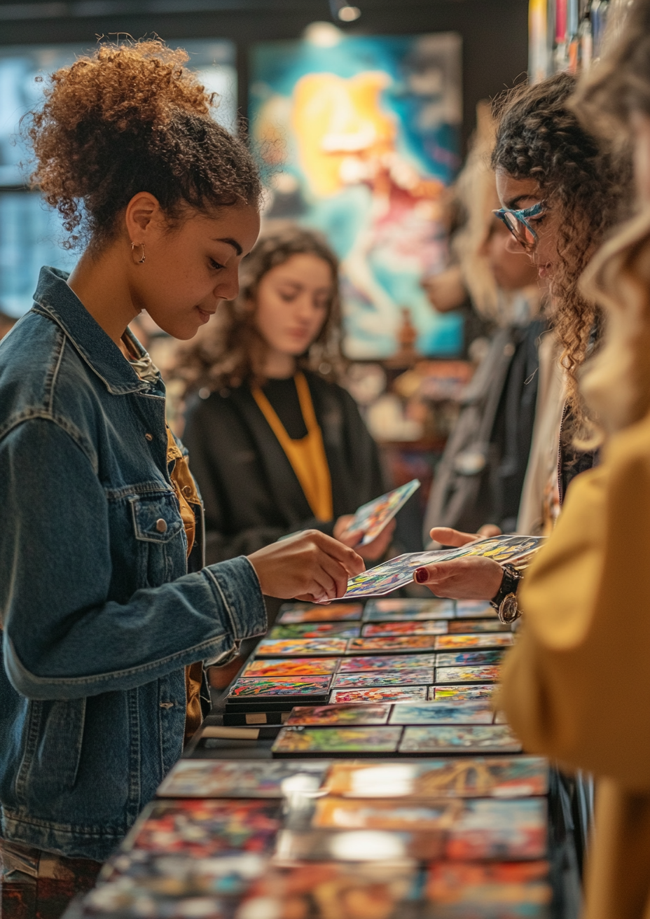 Art collectors admiring trading cards in a gallery shop