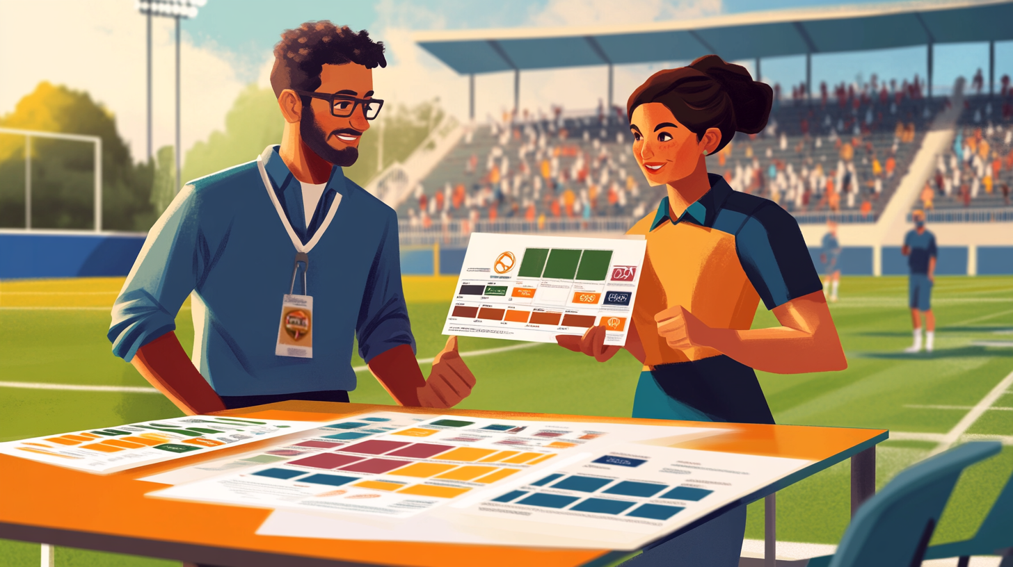 School administrator and coach negotiating flexible reviewing custom trading card designs for their athletic program with sample cards on display.