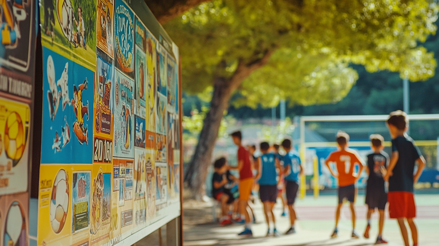 School event with posters promoting trading cards, students holding cards, and a parent sharing on social media.