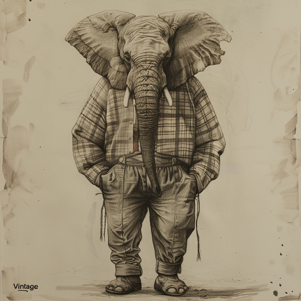 Watercolor illustration of an anthromorphic elephant.